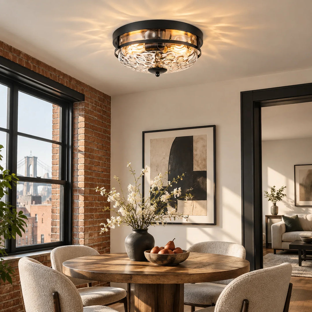 Hammered Glass Flush Ceiling Light with three finishes and a broad glass shade - New2609-1024587 interior scene