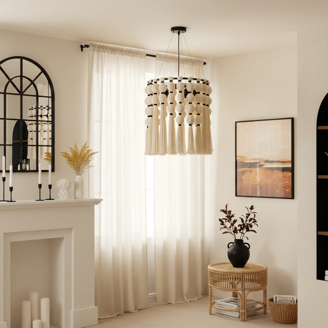 Lustre Moderne Élégant Modulune Fait Main avec Franges en Coton Blanc pour Salon