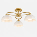 Load image into Gallery viewer, 3-light brass ceiling fixture with white glass shades