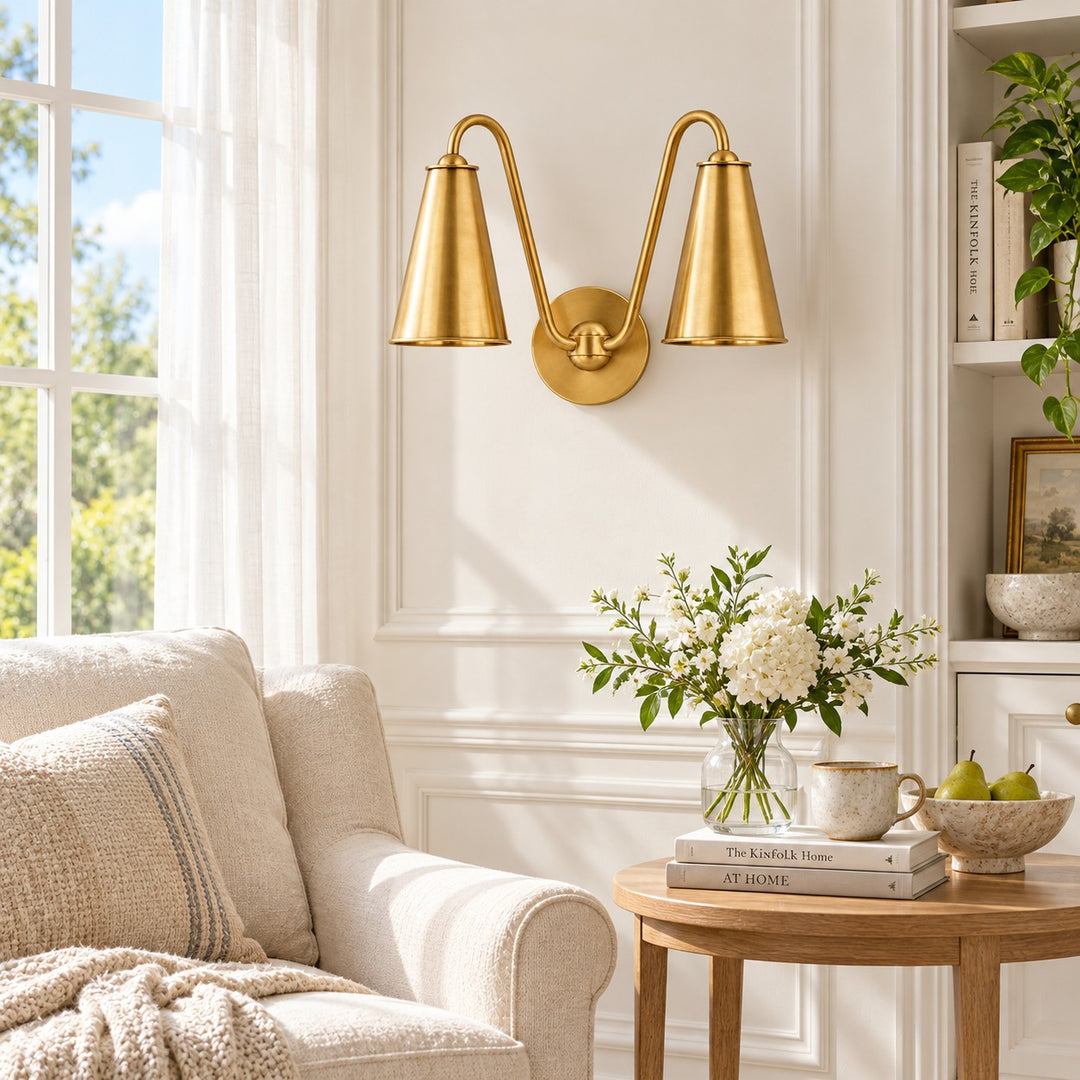Twin Shade Brass Arm Brass Plate Wall Light