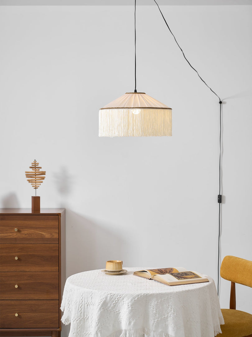 Beige Pleated Fabric Fringe Plug-In Pendant