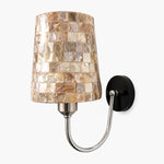 Bild in Gallery-Viewer laden, Beige capiz shell wall sconce with chrome arm and black wall plate