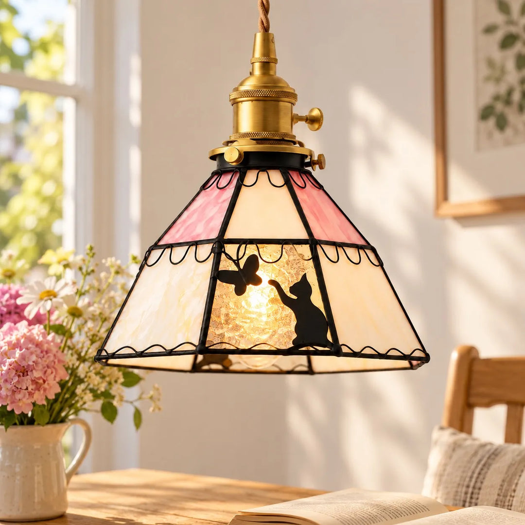 Cat and Butterfly Stained Glass Pendant Light