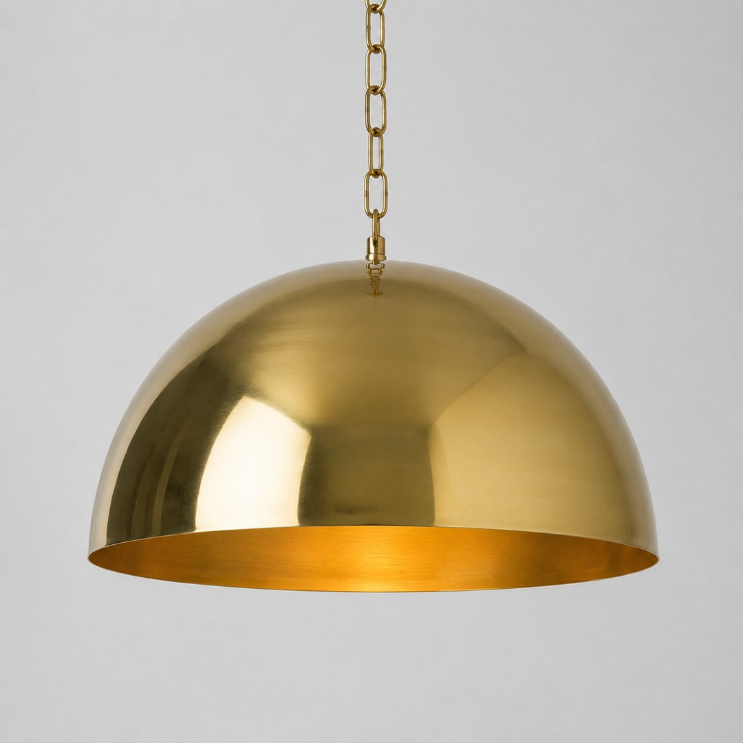 Aged bright brass three-light half dome pendant 50 cm