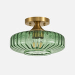 Charger l'image dans la visionneuse de galerie, Green small ribbed glass semi-flush ceiling light with brushed brass canopy
