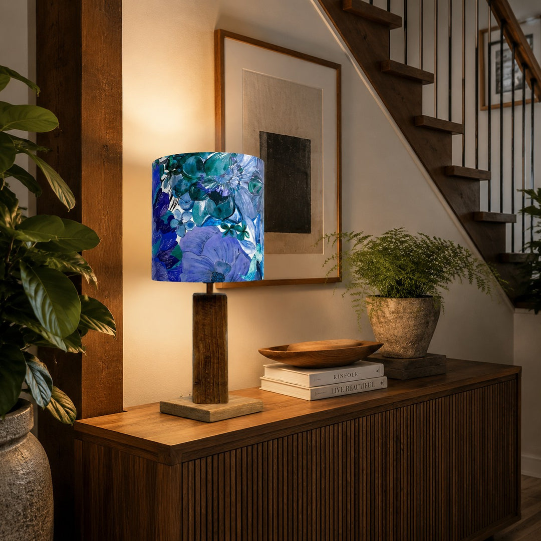 Colorful printed fabric table lamp in a styled interior