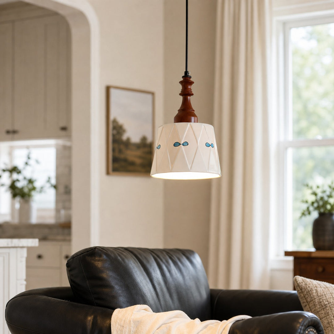 cream ceramic pendant light styled in a living room