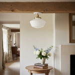 Charger l&#39;image dans la visionneuse de galerie, Geotower Glass Brass Ceiling Light - Opal Glass Schoolhouse Shade - Modern Elegance
