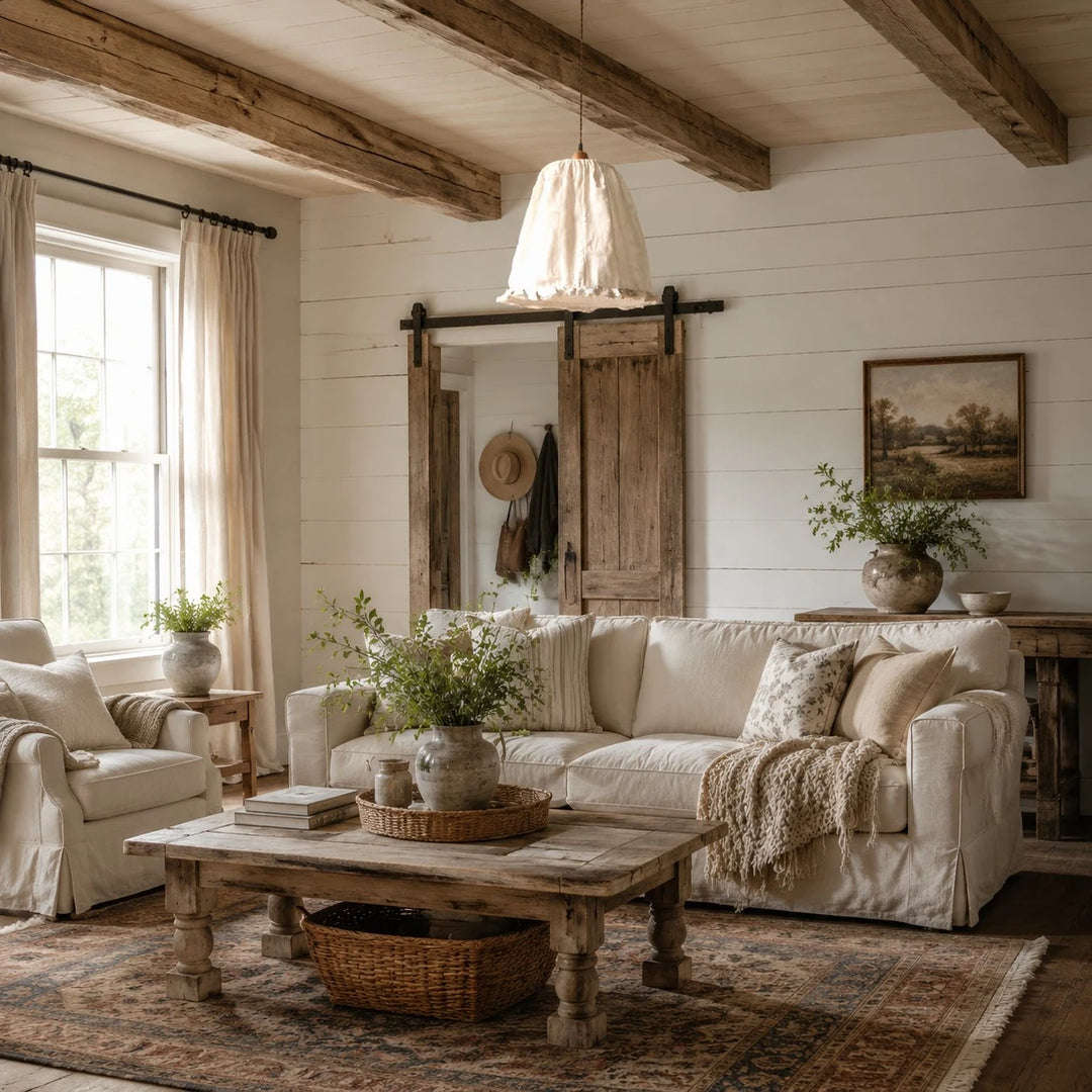 French country fabric pendant light in a rustic living room