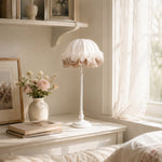 Bild in Gallery-Viewer laden, Ruffled table lamp beside flowers and a sunlit lace-curtain window