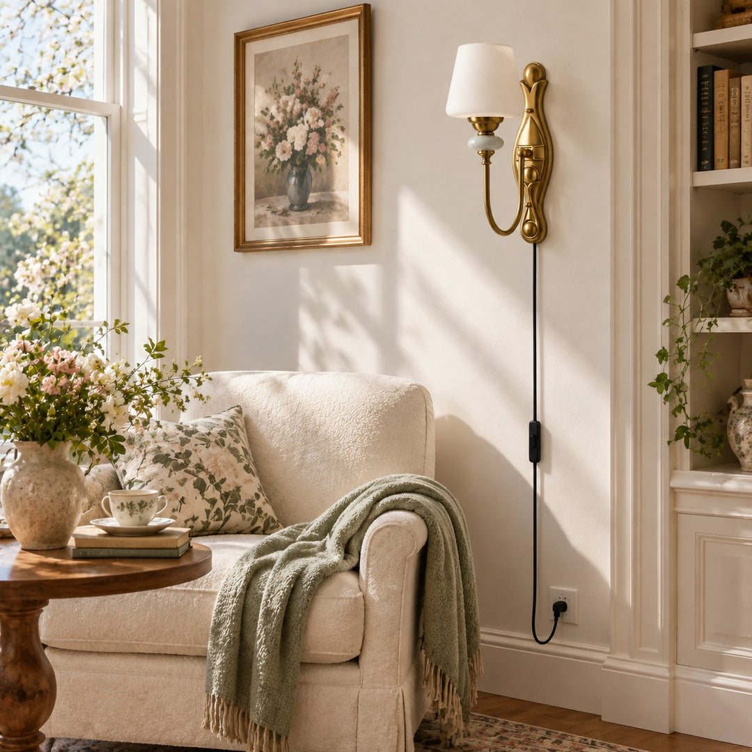 Rowanea Fabric Shade Ceramic Plug-In Wall Sconce