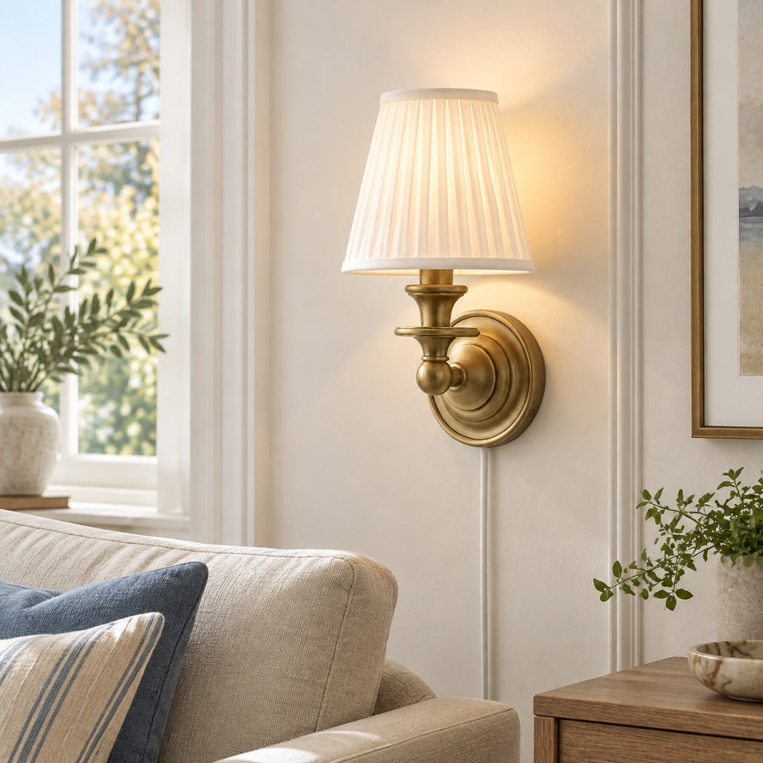 Rowan No-Wire Pleated Drum Shade Wall Sconce – Plug-In Fabric Wall Light