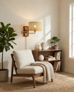 Bild in Gallery-Viewer laden, Woven Rattan Swing-Arm Wall Lamp room scene