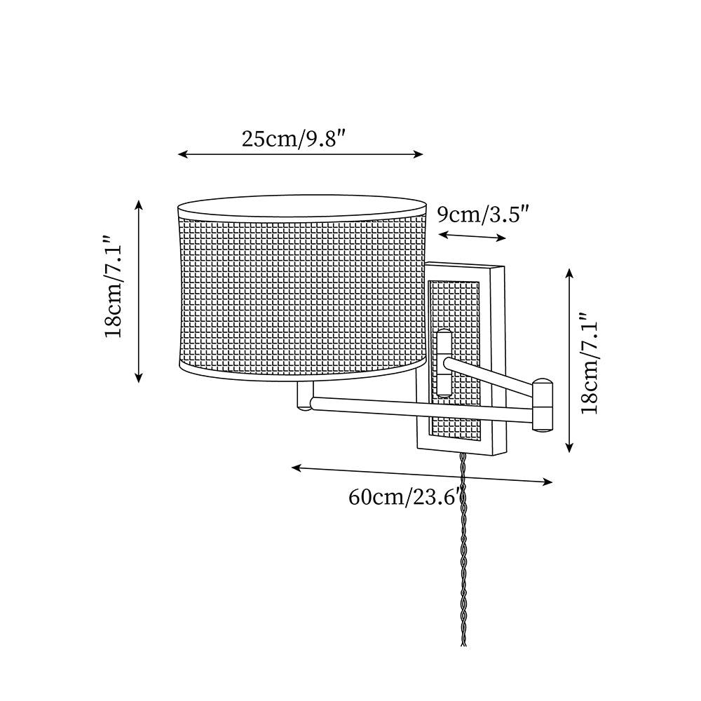 Woven Rattan Swing-Arm Wall Lamp dimension diagram