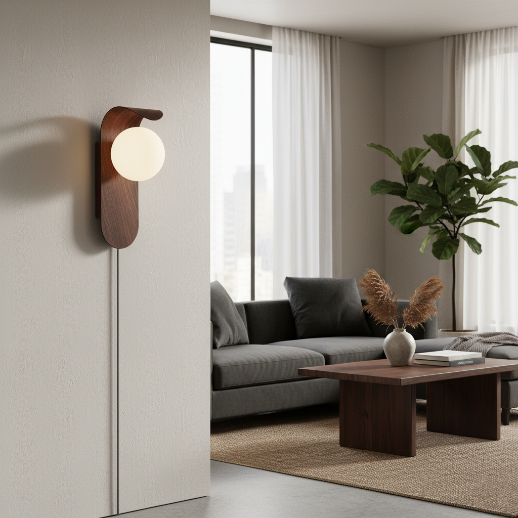 Wood-Tone Globe Plug-In Wall Lamp product view