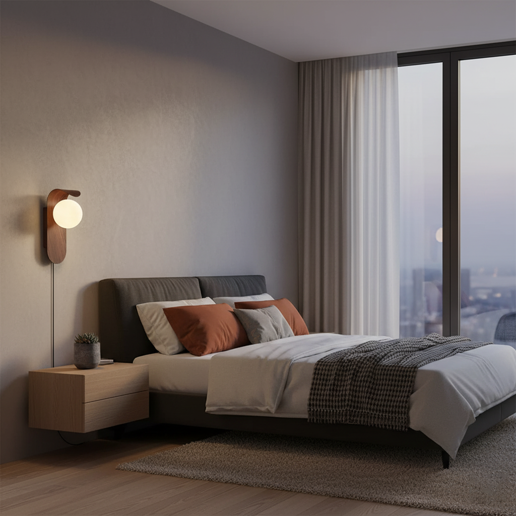 Wood-Tone Globe Plug-In Wall Lamp alternate room view