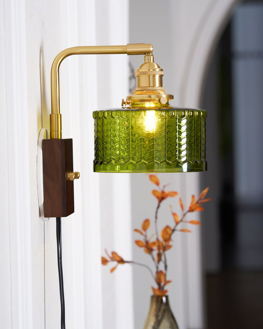 Fish-Scale Glass and Brass Plug-In Wall Lamp room scene