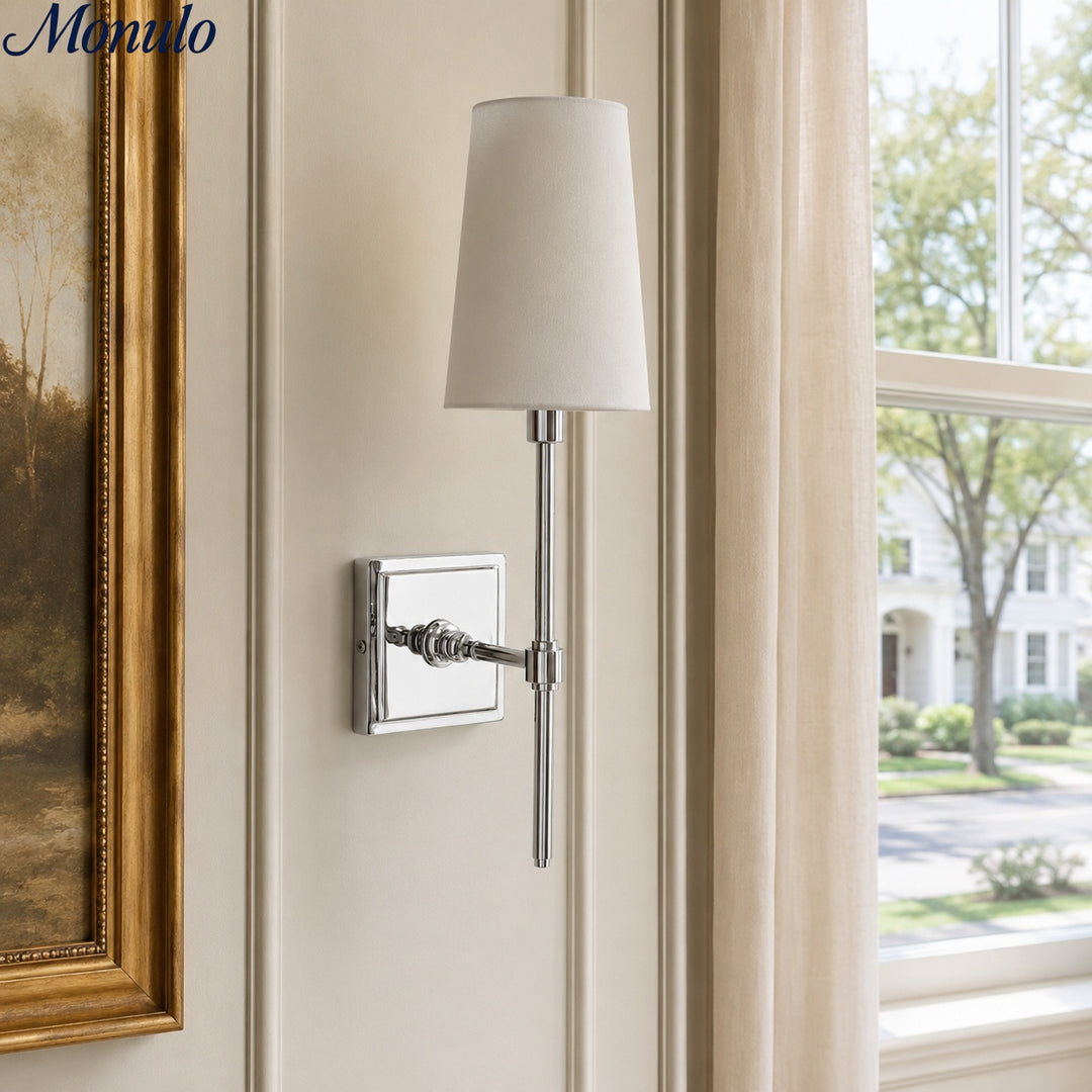 Rowan Elegant White-Linen Shade Wall Lamp – Retro Metal Wall Light for Bedroom & Hallway