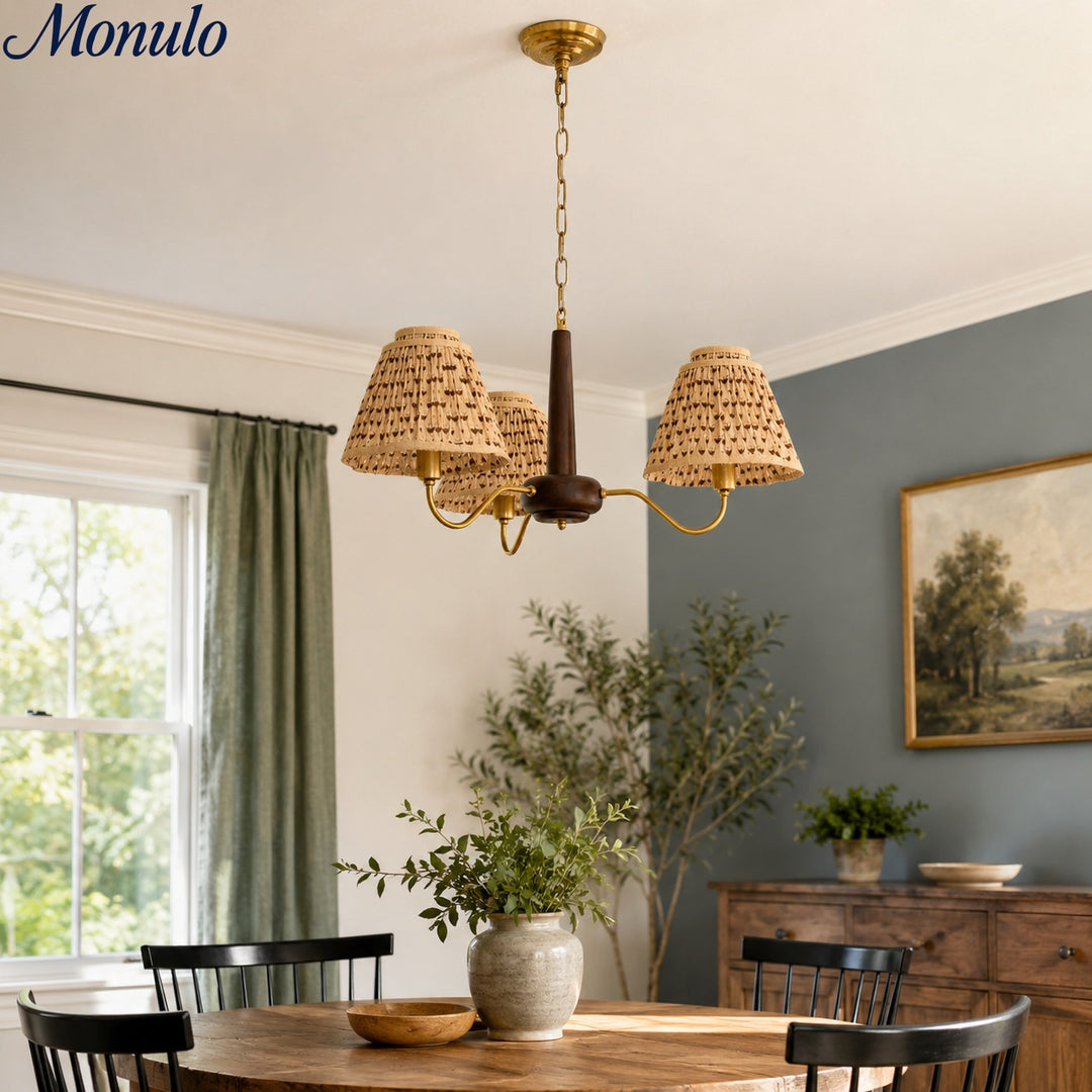 Solmire Rustic Chandelier - Wood and Metal Floral Fabric Shades for Living Room