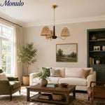 Load image into Gallery viewer, Solmire Rustic Chandelier - Wood and Metal Floral Fabric Shades for Living Room