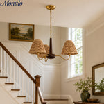 Load image into Gallery viewer, Solmire Rustic Chandelier - Wood and Metal Floral Fabric Shades for Living Room