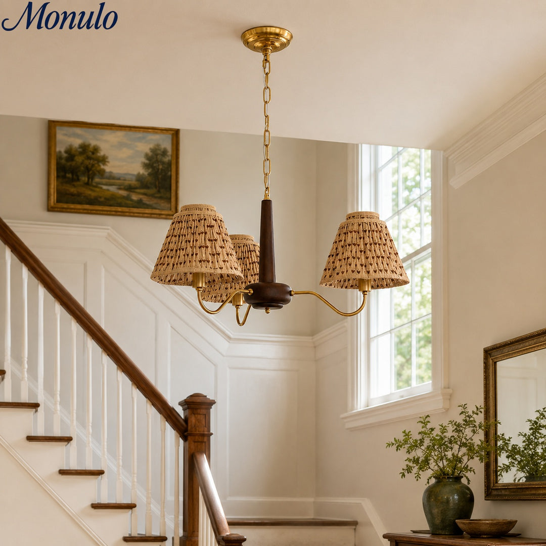 Solmire Rustic Chandelier - Wood and Metal Floral Fabric Shades for Living Room