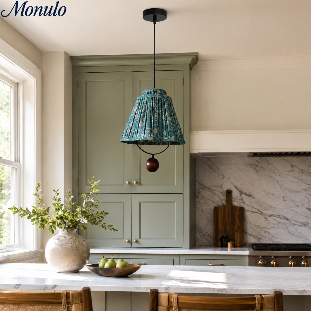 Lámpara colgante de tela Solmire - Pantalla floral plisada con acentos de madera y hierro para comedor e isla de cocina  