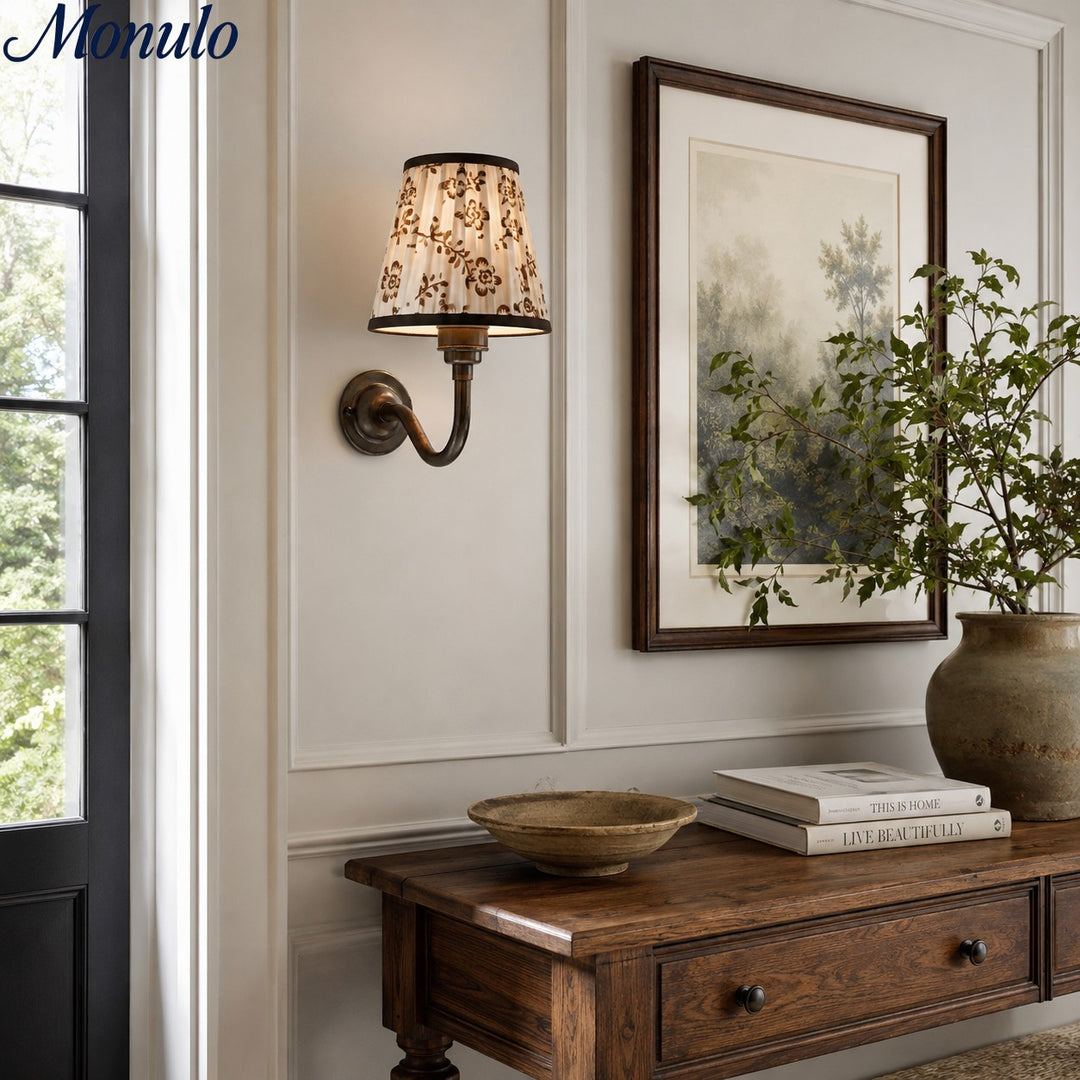Solmire Fabric Wall Sconce - Vintage Linen Cotton Shade with Curved Metal Arm for Bedroom and Hallway