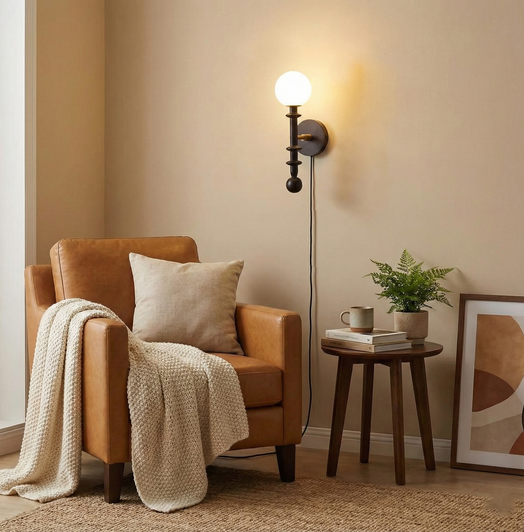 Walnut Stem and Glass Globe Plug-In Wall Lamp room scene 8