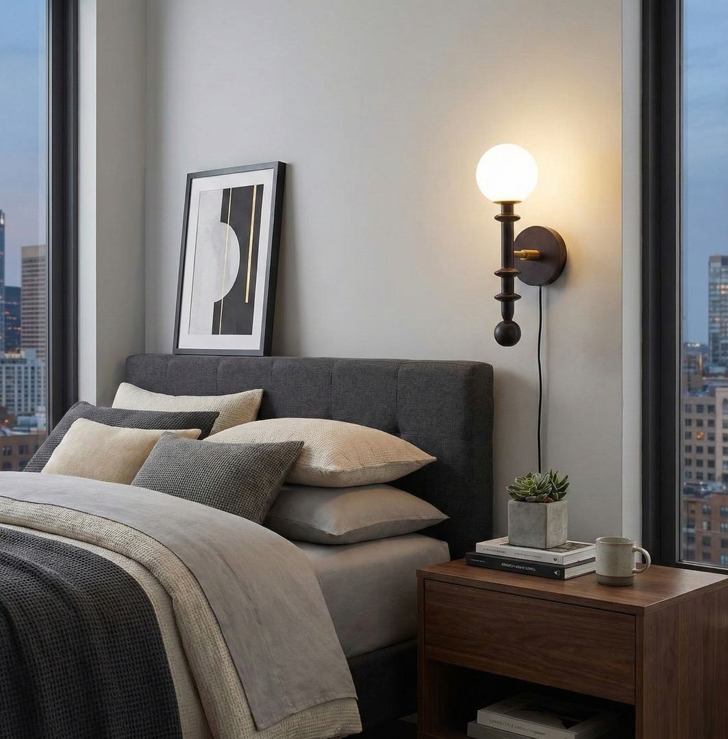 Walnut Stem and Glass Globe Plug-In Wall Lamp product view 7