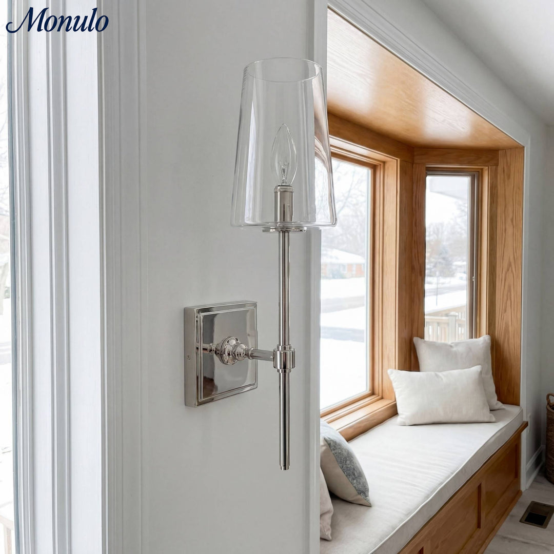 Aplique de vidrio transparente Derlina: elegante aplique para tocador individual o triple