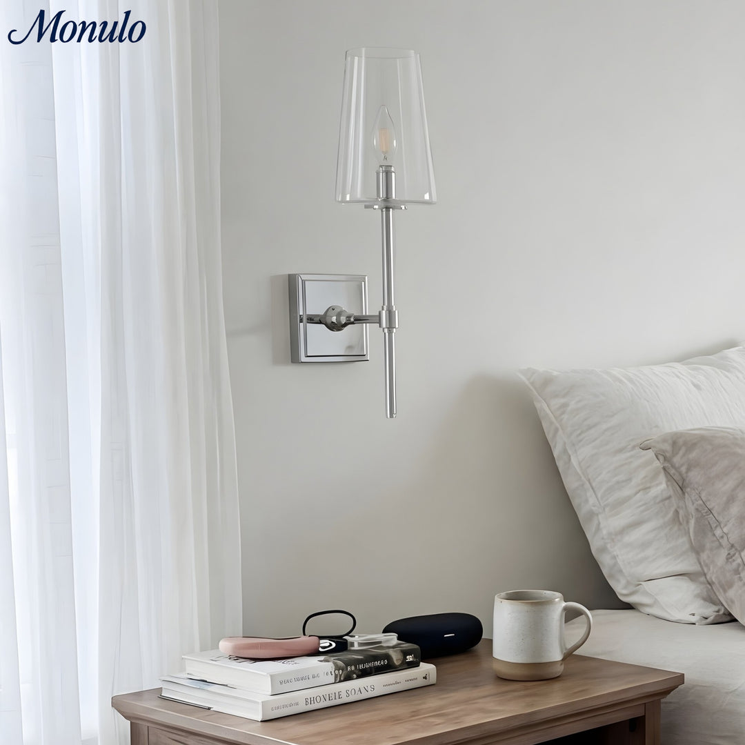 Aplique de vidrio transparente Derlina: elegante aplique para tocador individual o triple