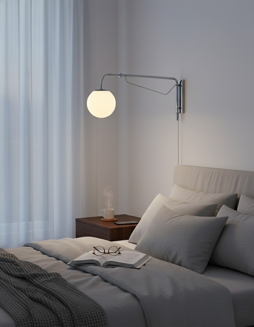 Chrome Pivot-Arm Globe Plug-In Wall Lamp alternate room view