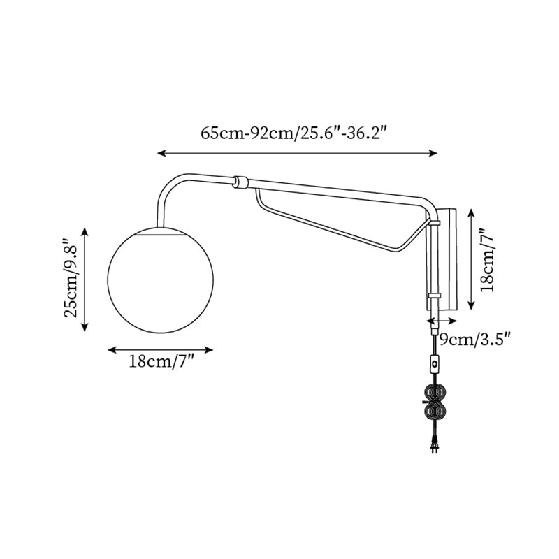 Chrome Pivot-Arm Globe Plug-In Wall Lamp dimension diagram