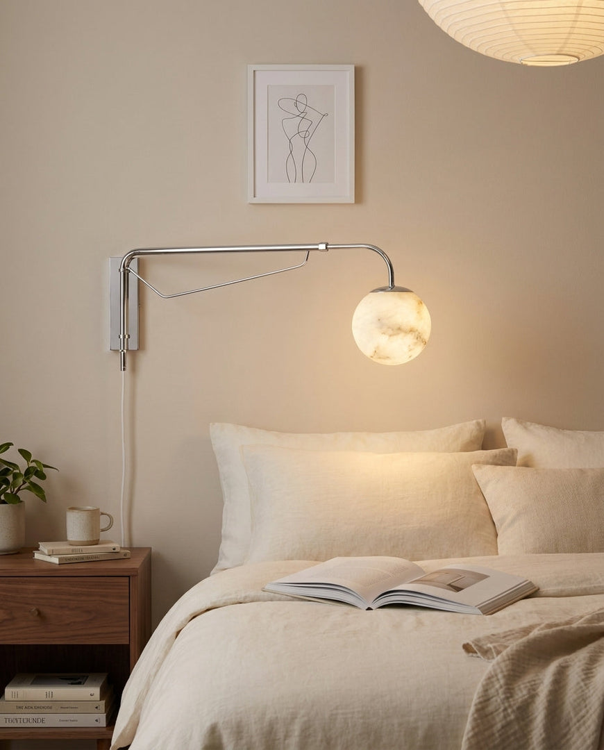 Chrome Arm Alabaster Orb Plug-In Wall Sconce - product view 3