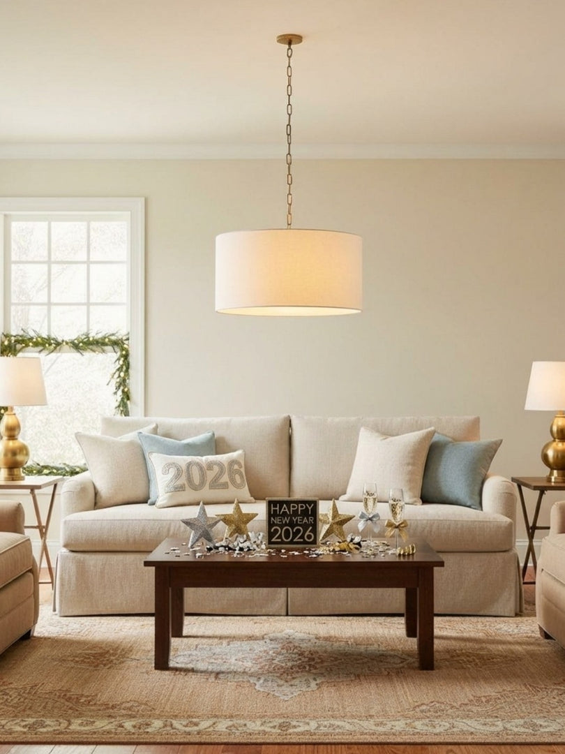 Dumora Leinen Trommel Pendelleuchte - Moderner weißer Trommelschirm für Esszimmer