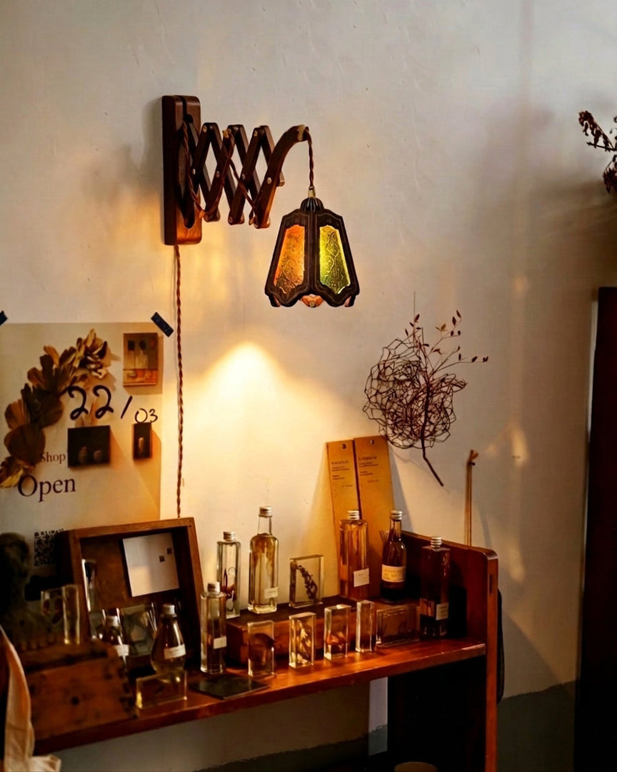 Expandable Wood and Glass Plug-In Wall Sconce - product view 6