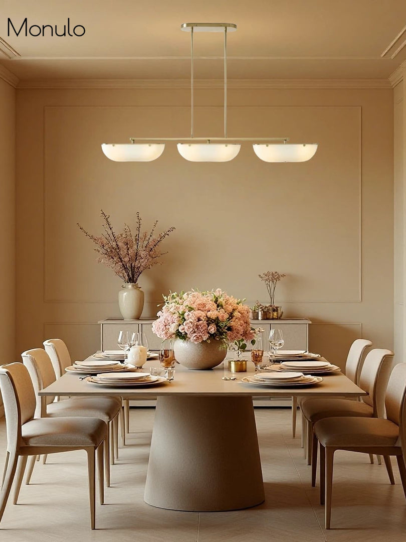 Ferosa Brass Glass Linear Chandelier – 3 Light Milk Glass Dining Lighting