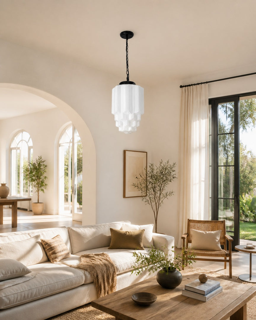 Vintage Art Deco Milk Glass Geometric  Skyscraper Shade Pendant Light