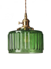 Japanese Vintage Simple Brass Glass Ribbed Cylinder Pendant Light