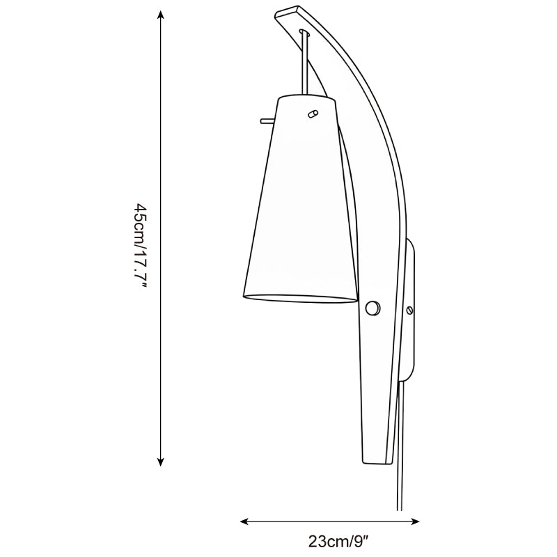 Wall lamp dimension drawing showing 23 cm (9 in) width and 45 cm (17.7 in) height