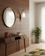 Cargar imagen en el visor de la Galería, Curved walnut and frosted glass plug-in wall lamp in a living room