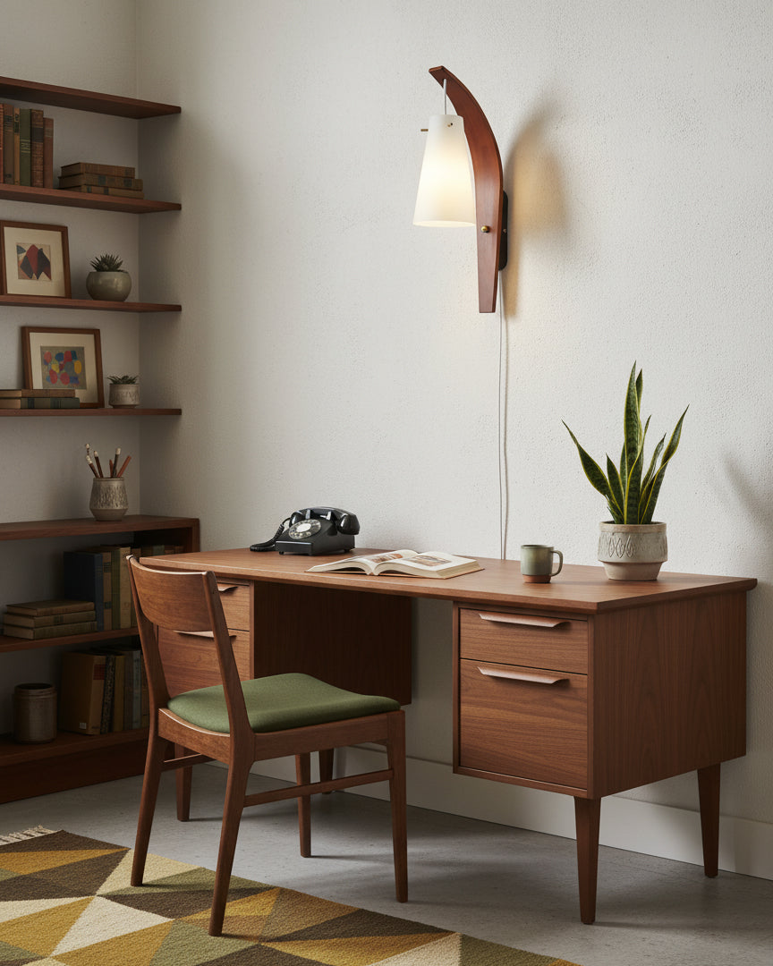 Curved walnut and frosted glass plug-in wall lamp on a console wall