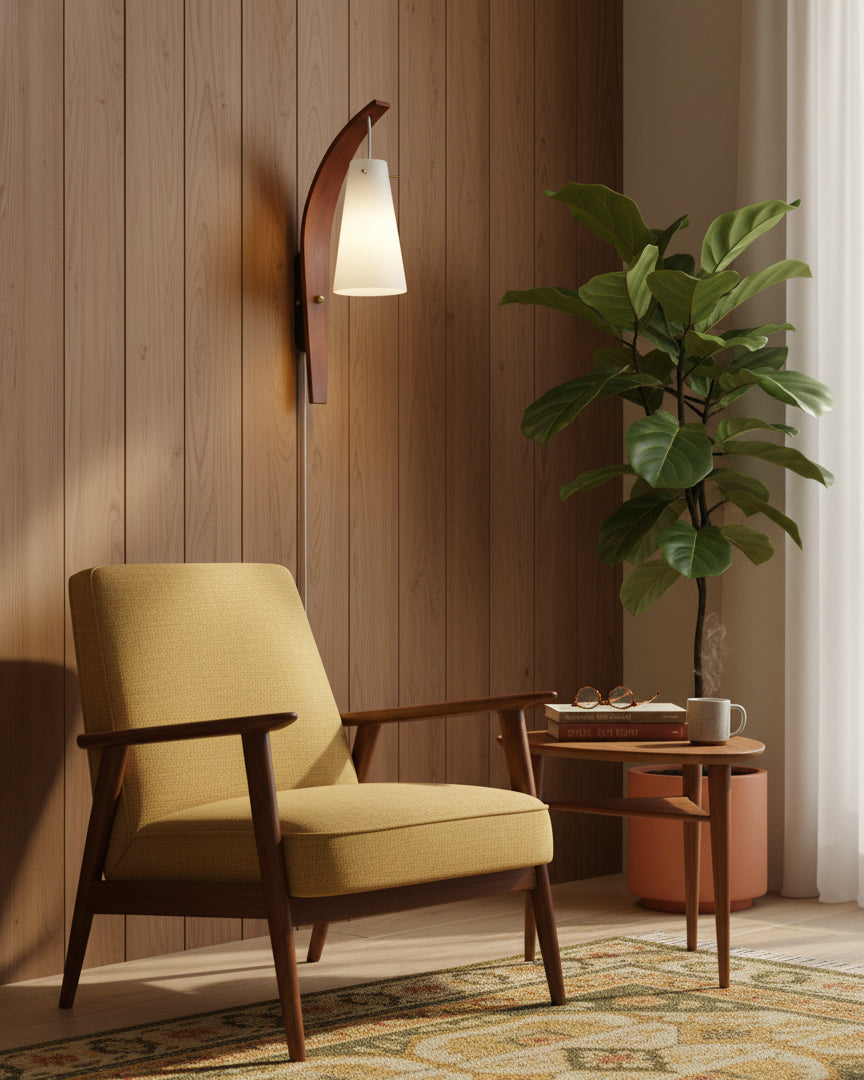 Curved walnut and frosted glass plug-in wall lamp in a study