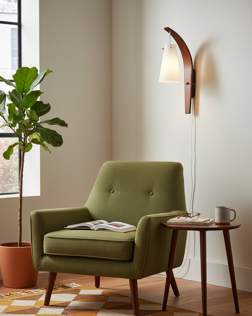 Curved walnut and frosted glass plug-in wall lamp in a reading corner