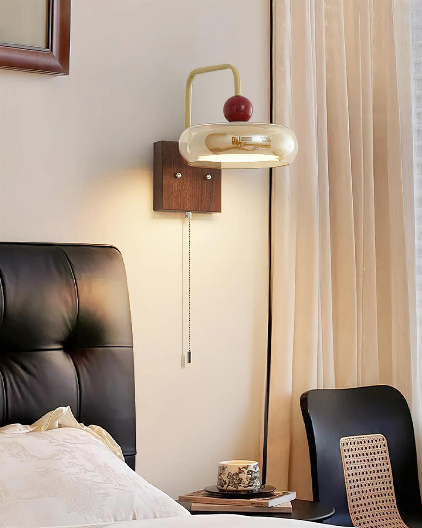 Walnut Base and Amber Glass Wall Lamp - product view 3