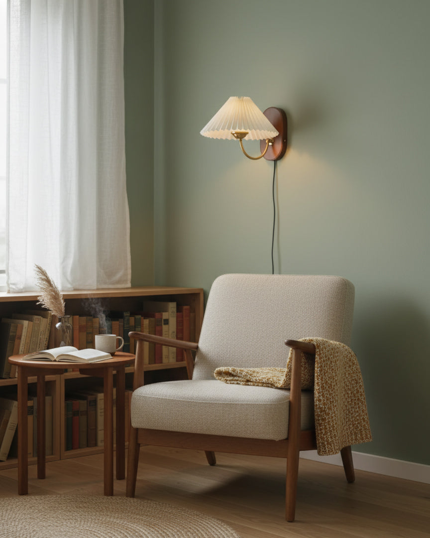 Pleated Fabric and Ash Wood Plug-In Wall Lamp product view