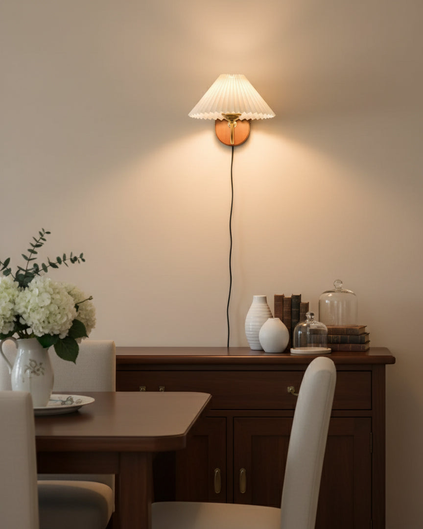 Pleated Fabric and Ash Wood Plug-In Wall Lamp product view