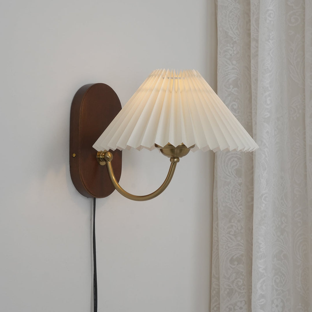 Pleated Fabric and Ash Wood Plug-In Wall Lamp product view