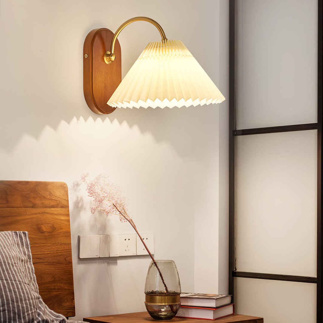 Pleated Fabric and Ash Wood Plug-In Wall Lamp room scene